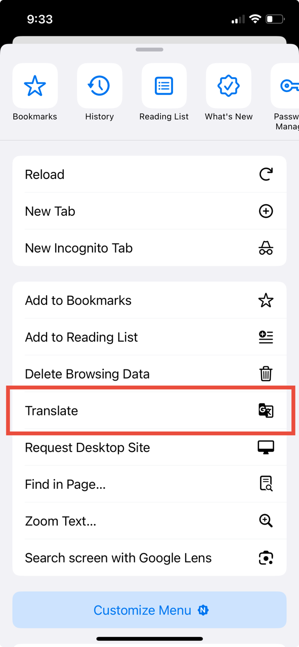 Translate Option Google Chrome Mobile